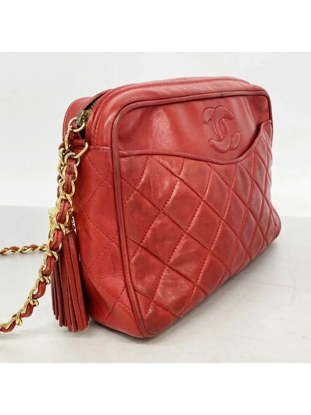 Chanel Shoulder Bag Quilted Lambskin Red Gold
